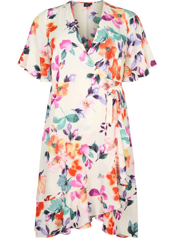 Blomstrete kjole med wrap og 3/4 ermer
