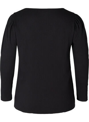 Langermet bluse med ribbet struktur og V-hals, Black, Packshot image number 1