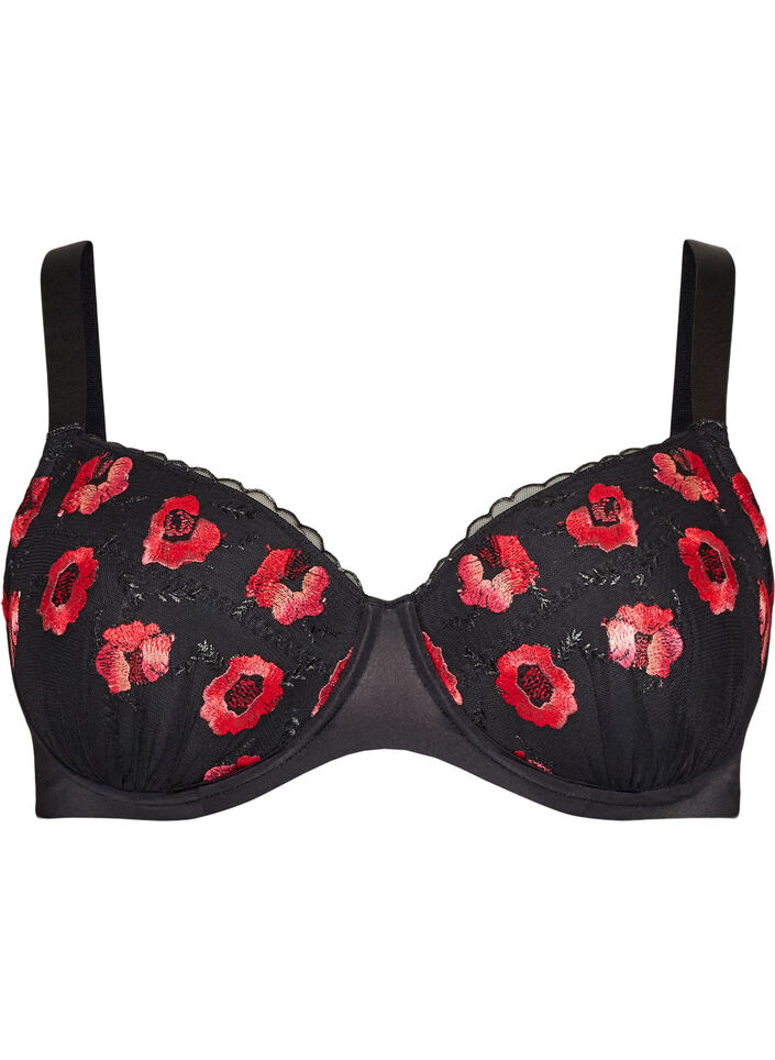 Polstret BH med spiler og blomsterbroderi, Svart, Packshot image number 0