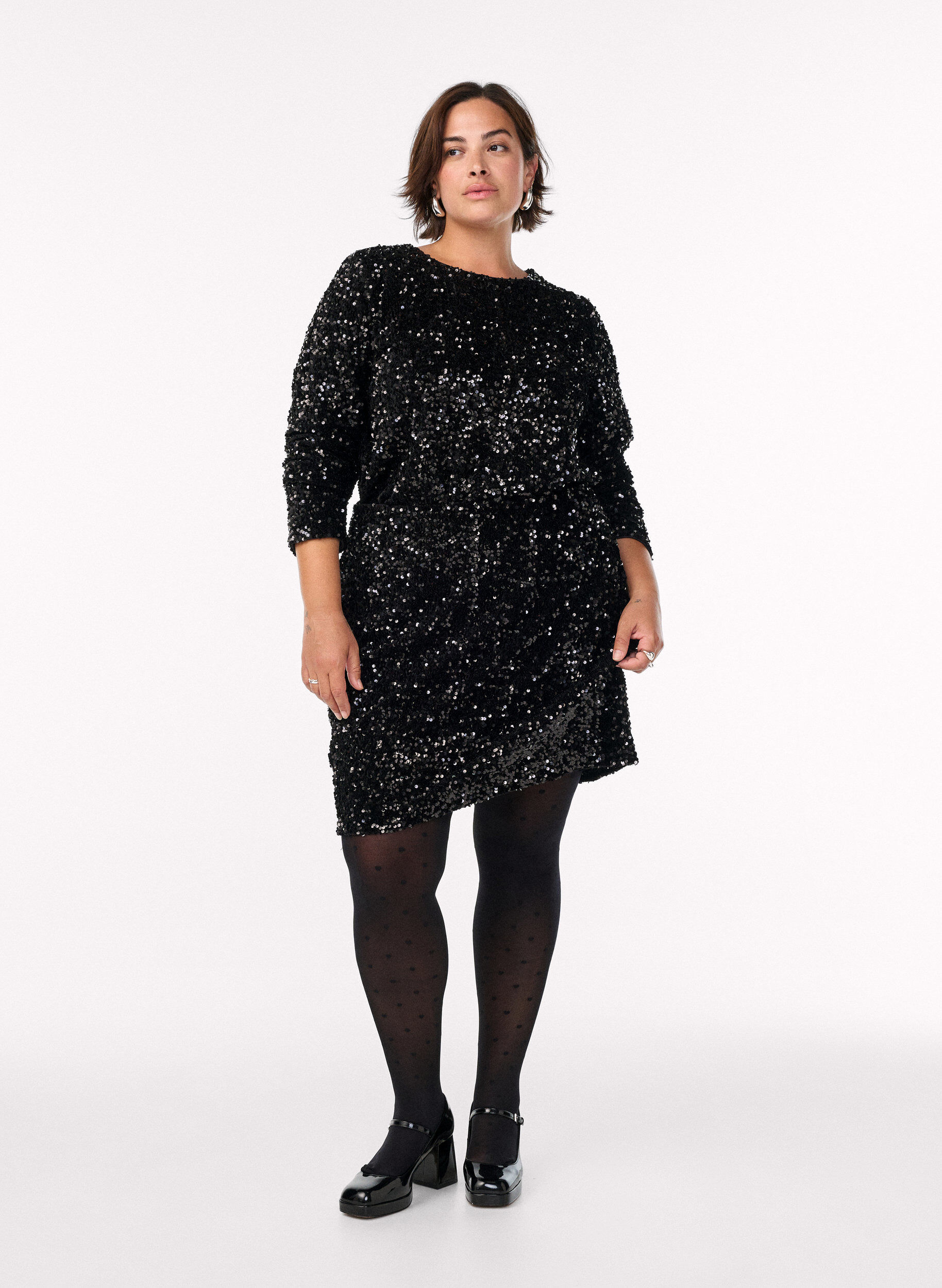 Zizzi Bluse med paljetter og lange ermer, Svart, Model image number 1