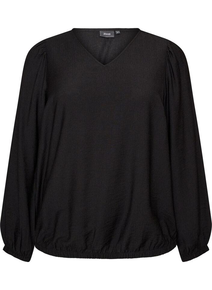 Viskosebluse med V-hals og ballongsilhuett, Svart, Packshot image number 0