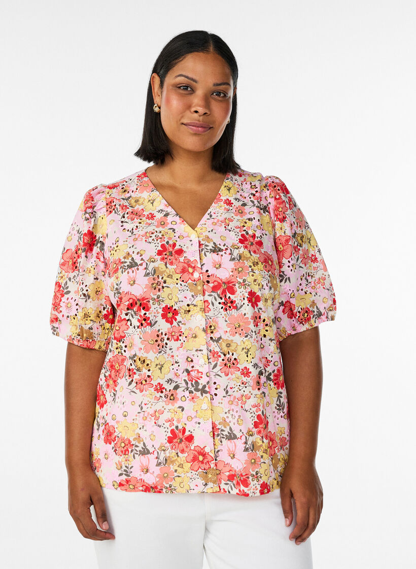 Bluse med blomsterm&oslash;nster, hullbroderi og V-hals, Rosa, Model image number 0