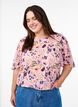 Bluse med blomstertrykk, korte ermer og smocking, Rosa, Model image number 0