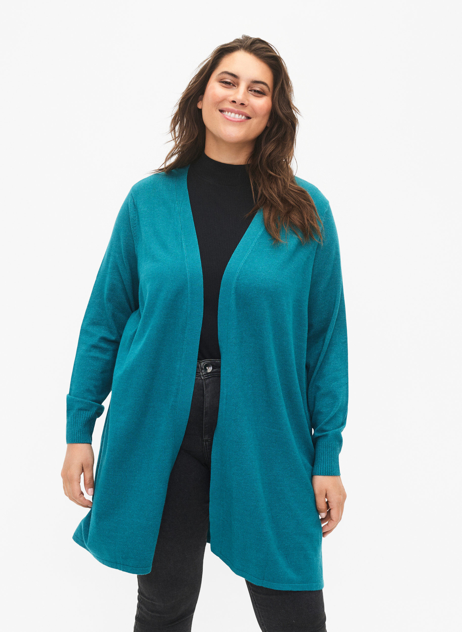 Zizzi Strikket cardigan med splitt og ribbekanter, Deep Lake Mel. , Model image number 0