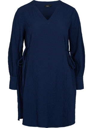 Langermet kjole med V-hals og knyting, Navy Blazer, Packshot image number 0