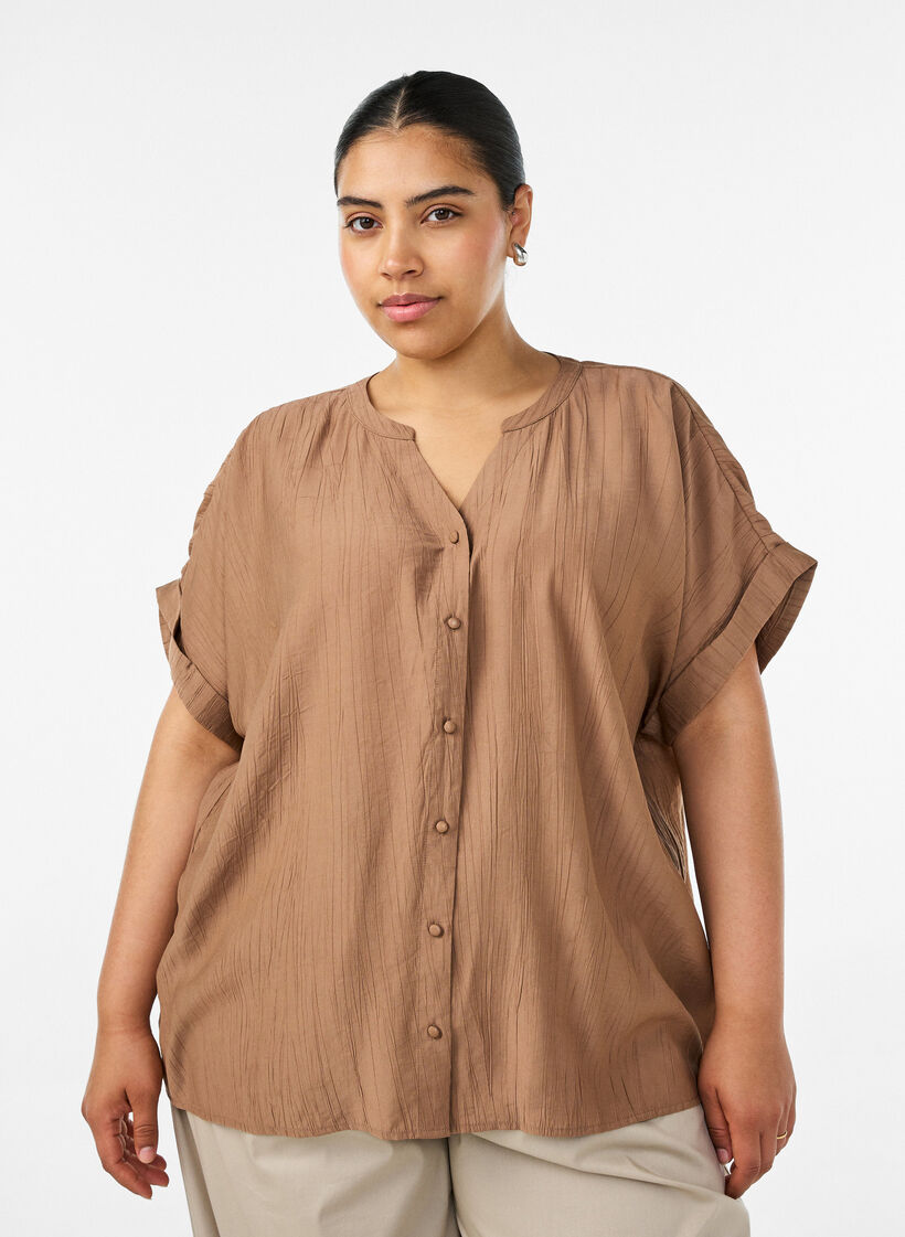 Viskosebluse med knapper og tekstur, Brun, Model image number 0