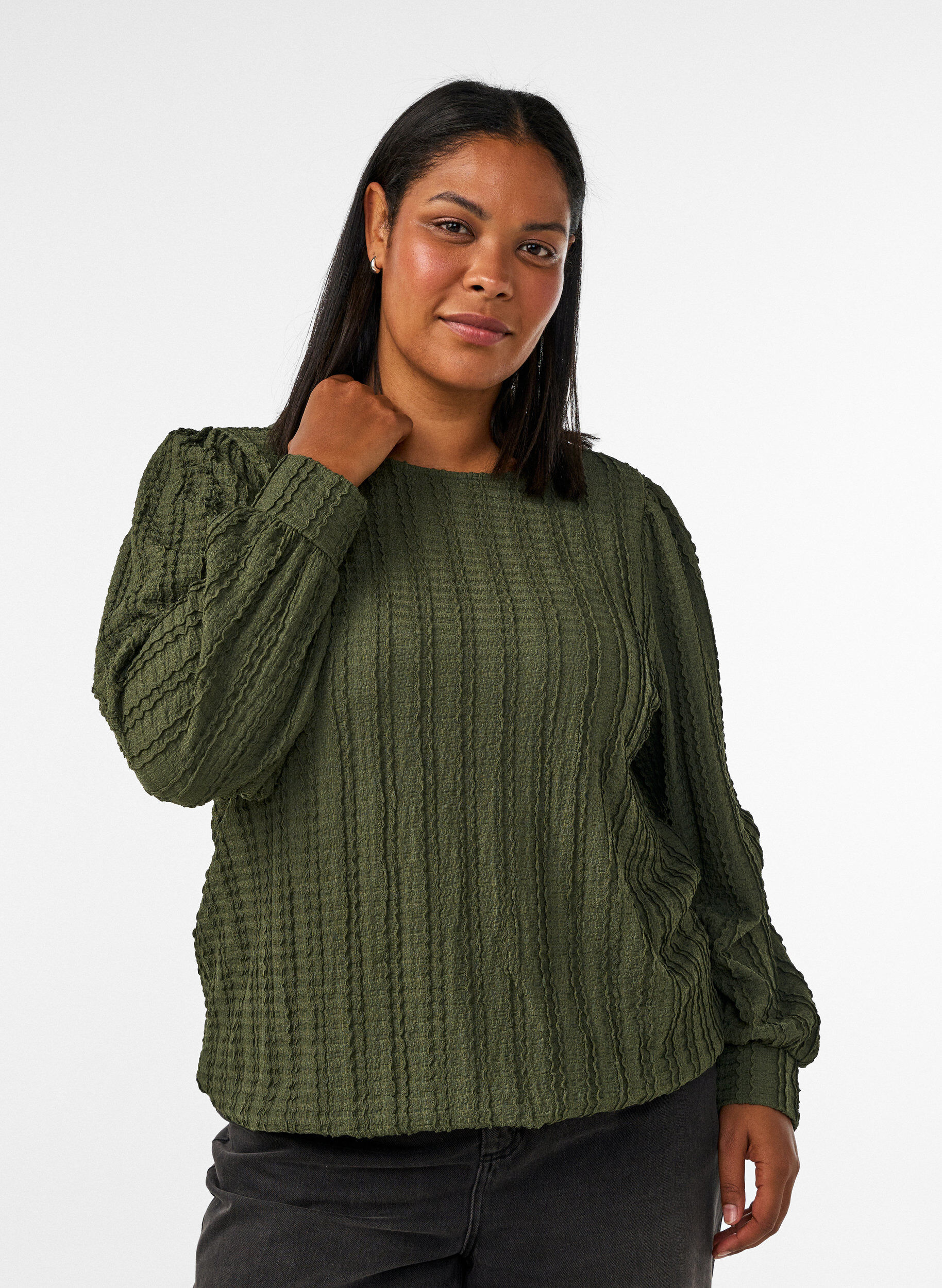 ZizziJerseybluse med struktur og ballongsilhuett, Gr&oslash;nn, Model image number 0