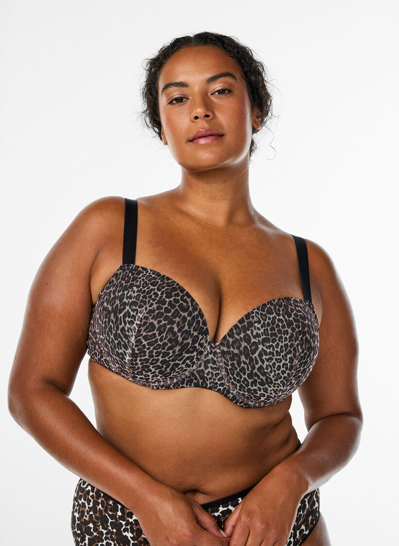 Formstøpt BH med leopardmønstret mesh, Brun, Model image number 0
