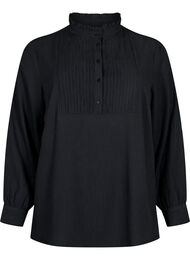 Langermet bluse med rynket krage, Black