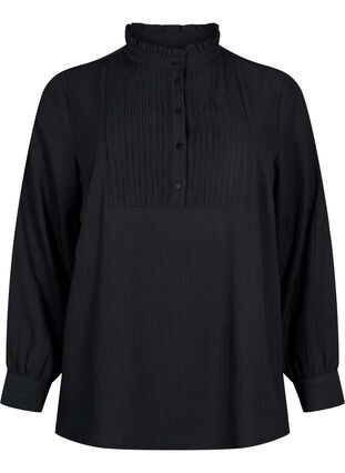 Langermet bluse med rynket krage, Black, Packshot image number 0