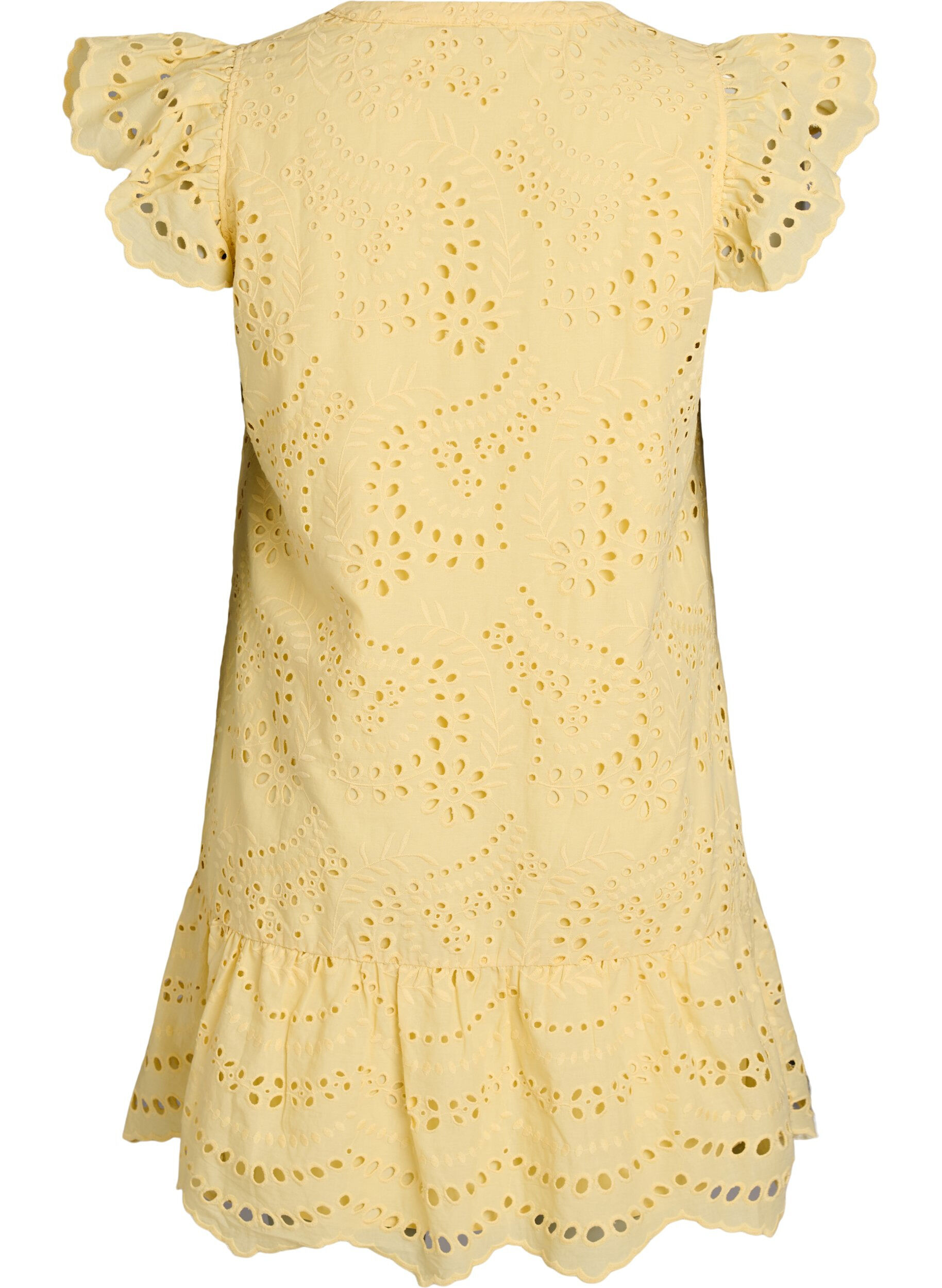 Zizzi Kjole med broderie anglaise og volangermer, Gul, Packshot image number 1