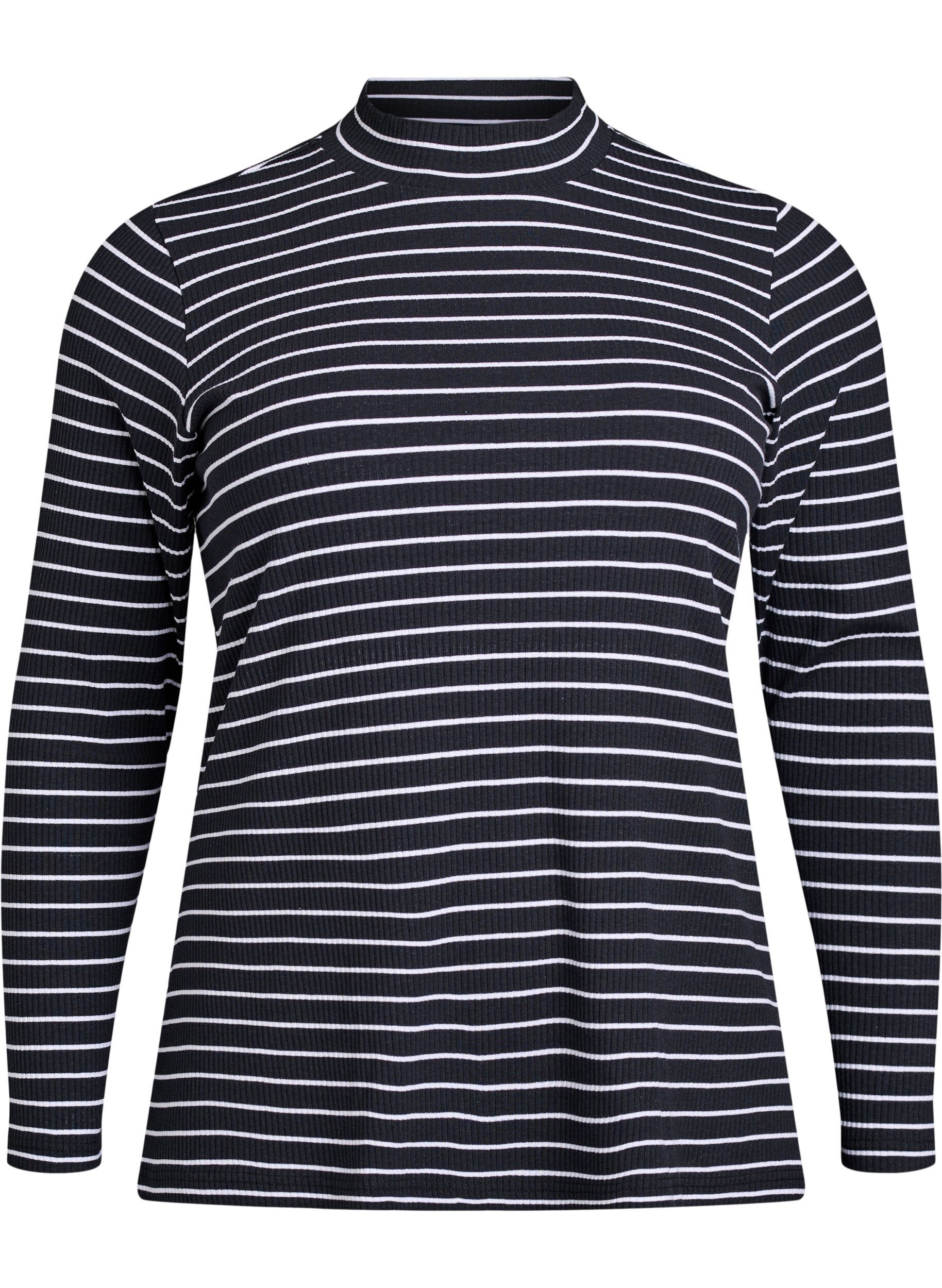 Stripet ribbet jerseybluse med h&oslash;y hals