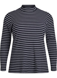 Stripet ribbet jerseybluse med høy hals, Black w. White
