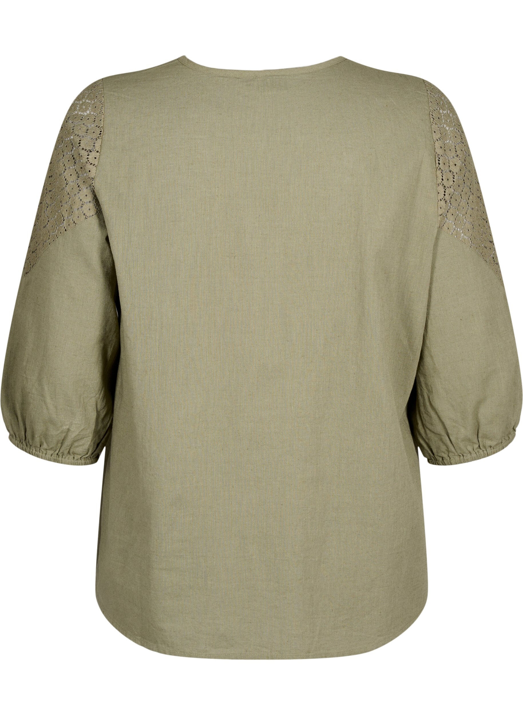 Zizzi Bluse i bomullsblanding med lin og heklede detaljer, Deep Lichen Green, Packshot image number 1