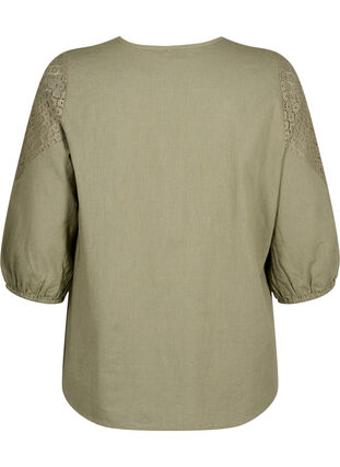 Bluse i bomullsblanding med lin og heklede detaljer, Deep Lichen Green, Packshot image number 1