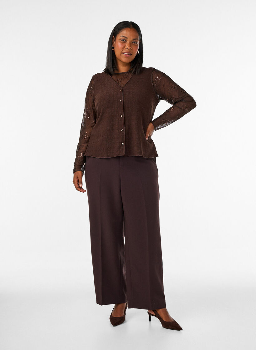 Bluse i mesh med blomster og paljetter, Brun, Model image number 1
