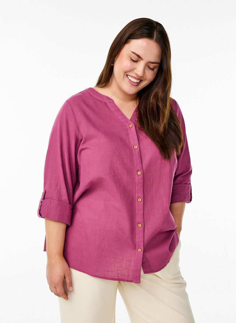 Bomullsbluse med V-hals, R&oslash;d, Model image number 0