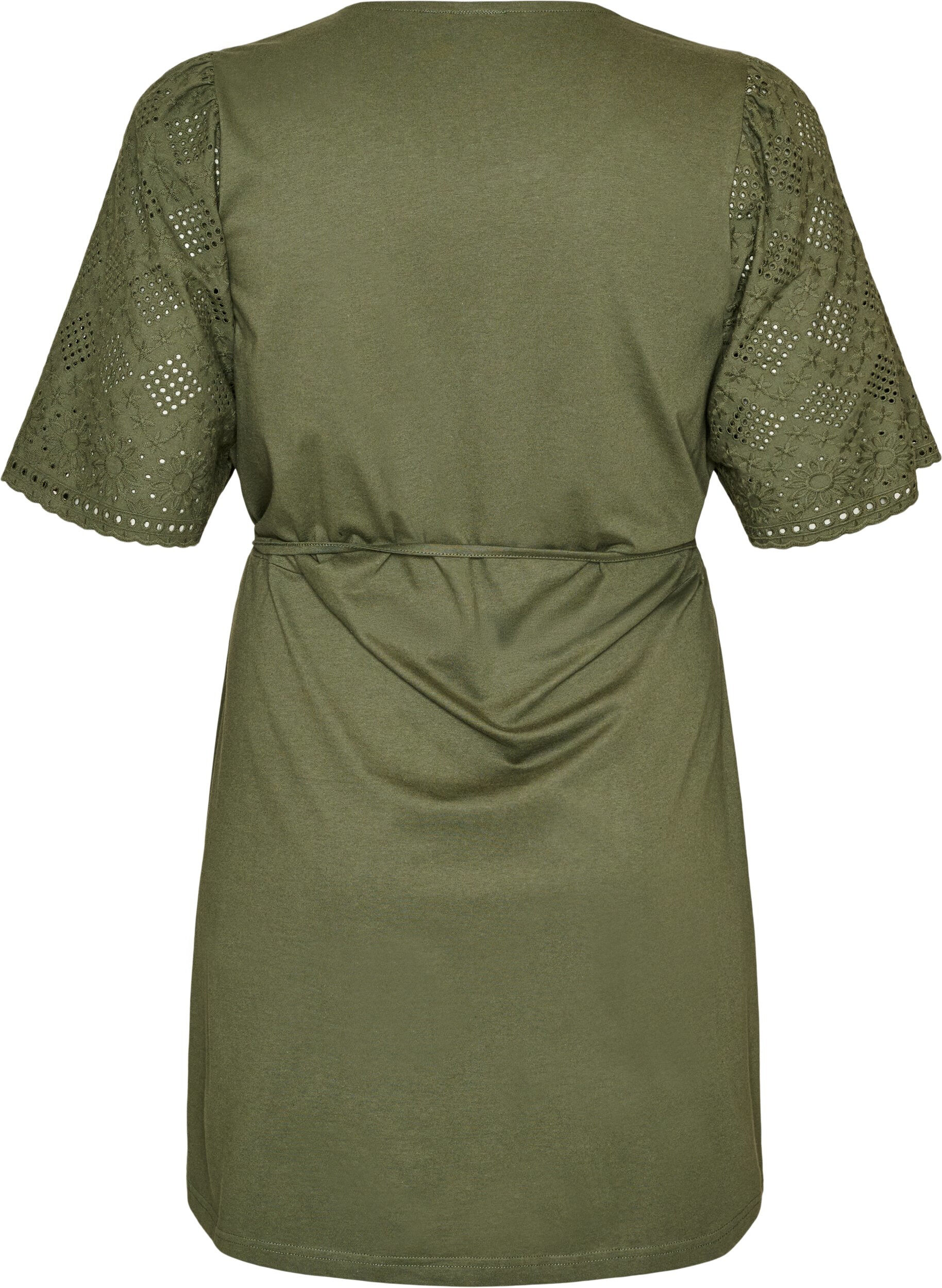 ZizziBomullskjole med broderie anglaise-ermer og knytebelte, Gr&oslash;nn, Packshot image number 1