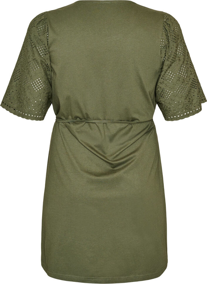Bomullskjole med broderie anglaise-ermer og knytebelte, Gr&oslash;nn, Packshot image number 1