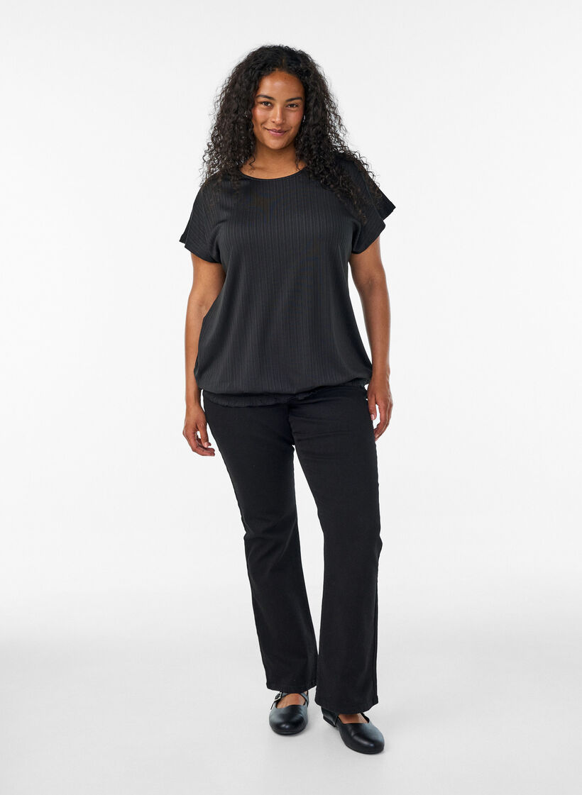 Jerseybluse med teksturerte striper og en smocket fold, Svart, Model image number 1