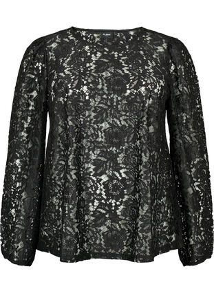 FLASH – Bluse med lange ermer og blonder, Black, Packshot image number 0