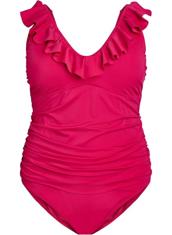 Badedrakt med volanger og avtagbar polstring, Rosa, Packshot image number 0