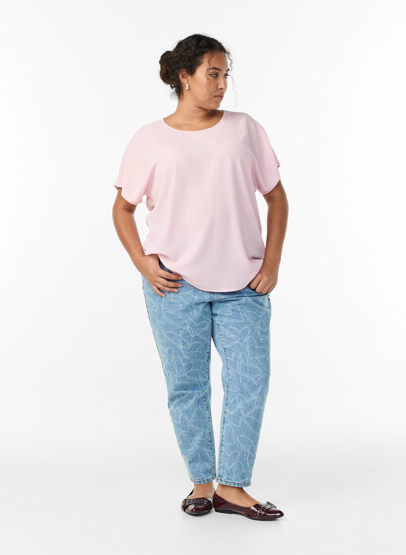 Bluse med korte ermer og rund hals, Rosa, Model image number 1