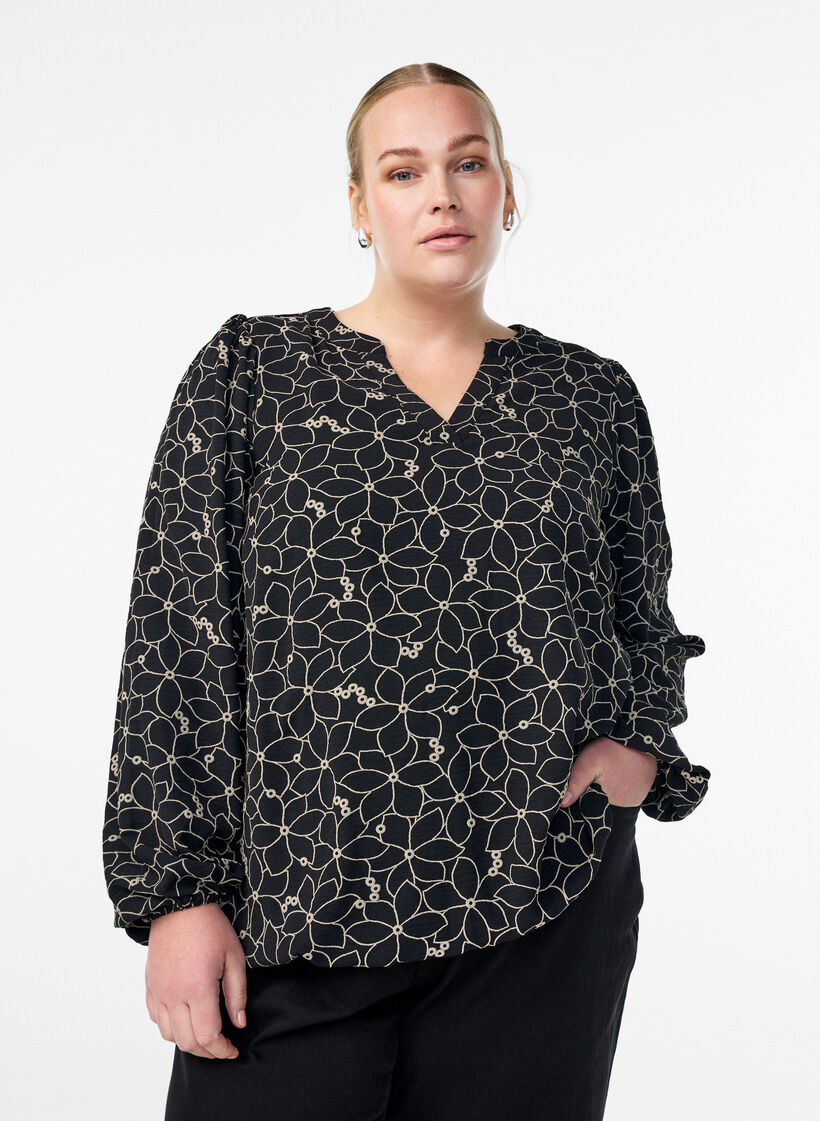 Langermet bluse med blomsterbroderi, Svart, Model image number 0