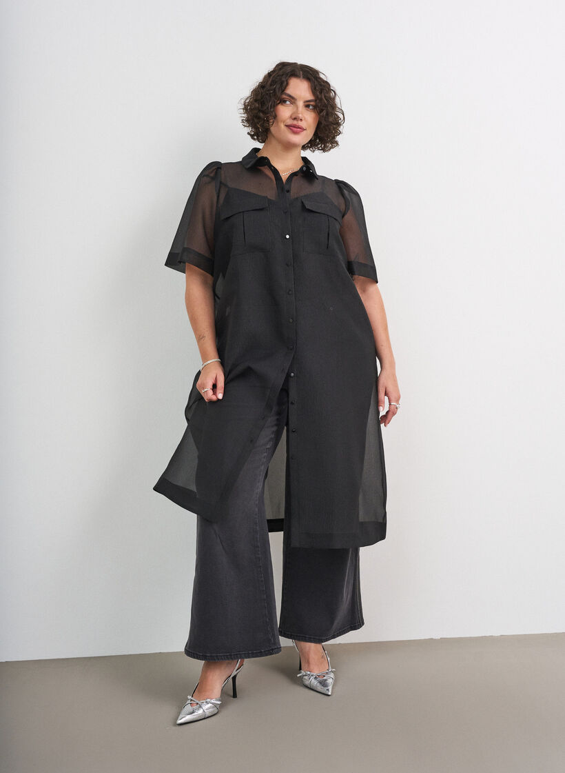 Organza kjole med brystlommer og puff ermer, Svart, Model image number 0