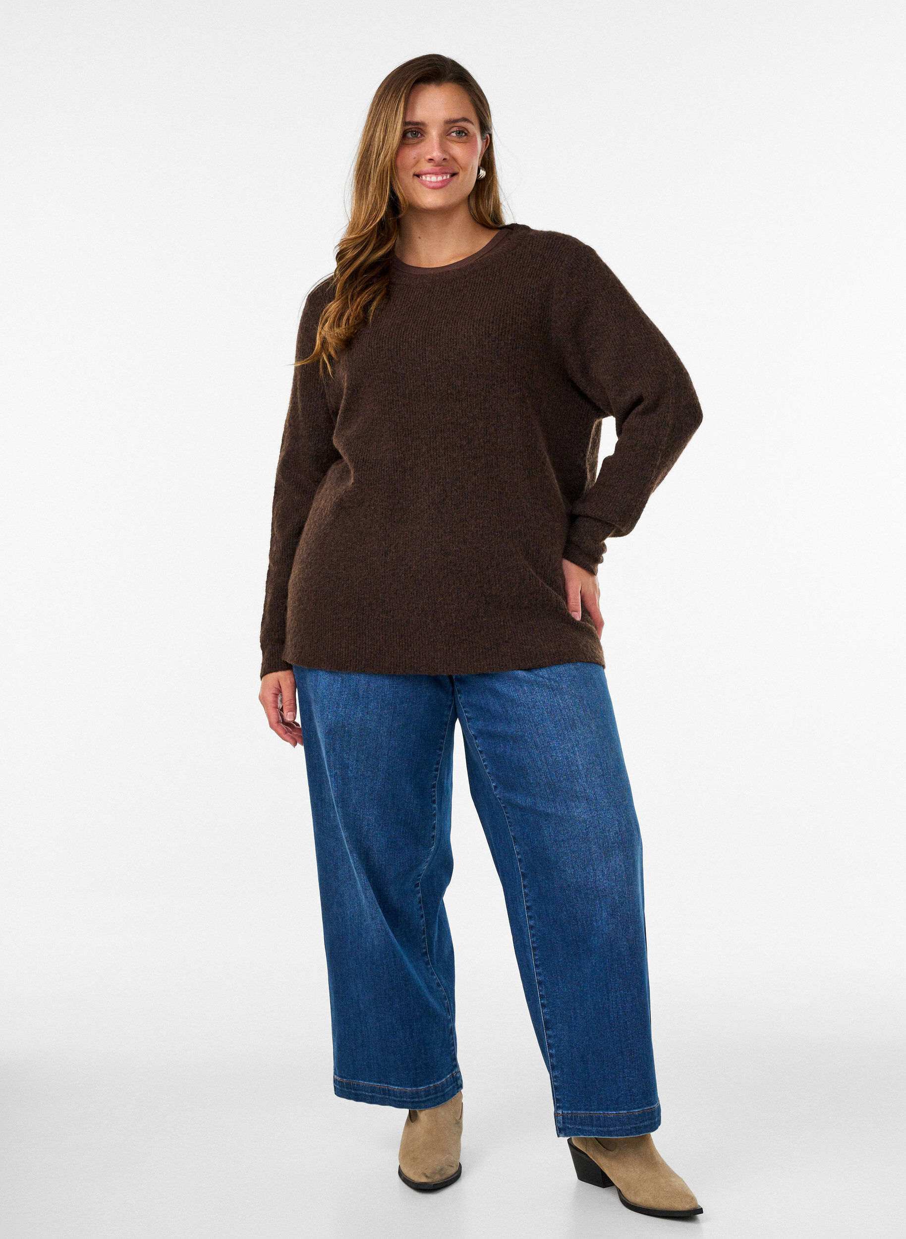 ZizziMelert strikkebluse med rund hals, Brun, Model image number 1