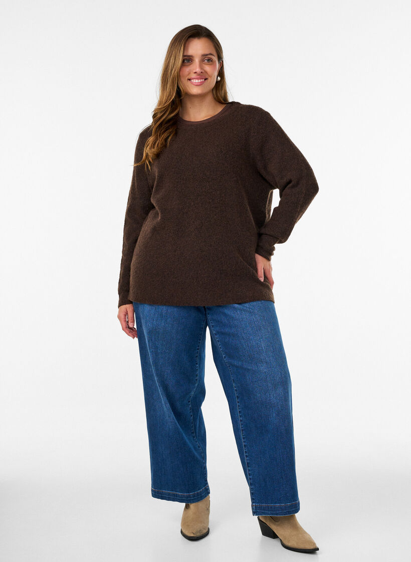 Melert strikkebluse med rund hals, Brun, Model image number 1