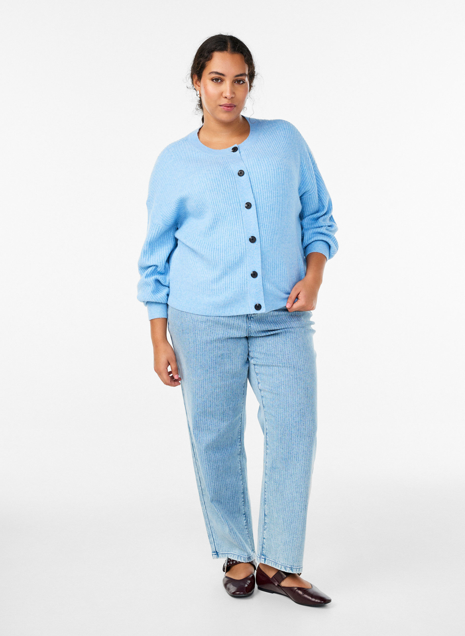 ZizziRibbestrikket cardigan med knapper, Bl&aring;, Model image number 1