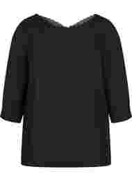 Bluse med 3/4-ermer og blonderygg, Black