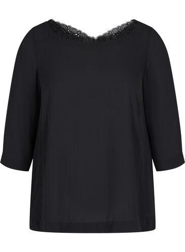 Bluse med 3/4-ermer og blonderygg, Black, Packshot image number 0