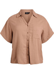 Bluse i bomullsmusselin med korte ermer, Brun