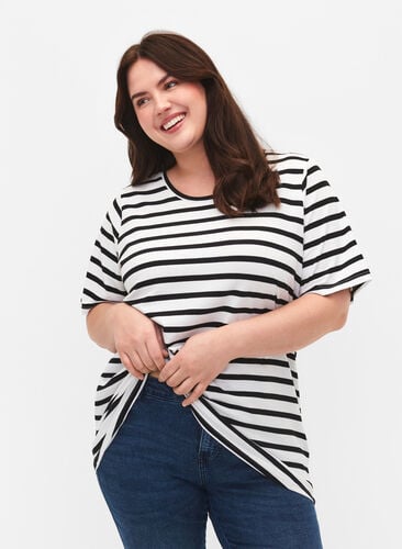 T-skjorte i økologisk bomull med striper, Black Stripes, Model image number 0