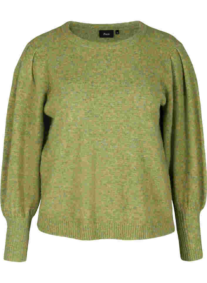 Melert strikkegenser med puffermer, Green Olive Mel., Packshot image number 0