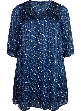 Trykt kjole med v-utringning og 3/4-ermer, Dress Bl. Swirl AOP, Packshot image number 0