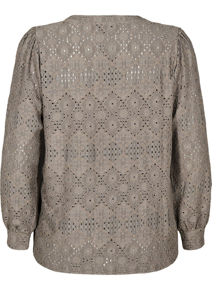 Langermet bluse med et åpentsarbeidsmønster, Brun, Packshot image number 1