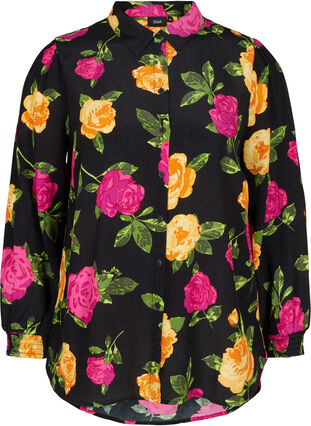 Blomstrete skjortebluse med knapper og smock, Black Flower AOP, Packshot image number 0