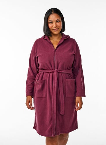 Zizzi Morgenkåpe med glidelås og hette, Mørk Bordeaux, Model image number 0