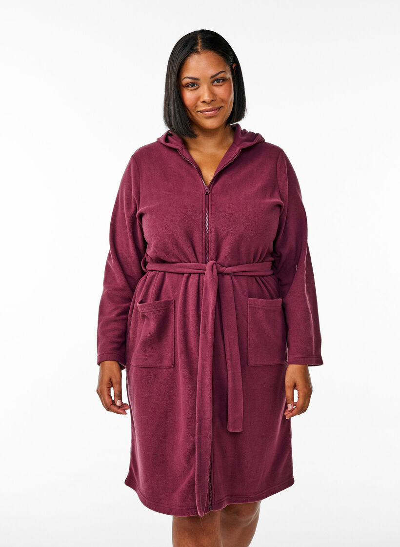 Morgenkåpe med glidelås og hette, Mørk Bordeaux, Model image number 0