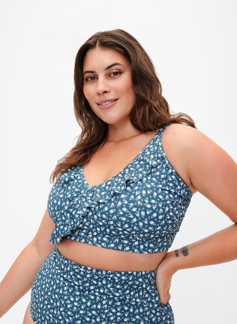 Blomstrete bikinioverdel med volangdetaljer, Blå, Model image number 0