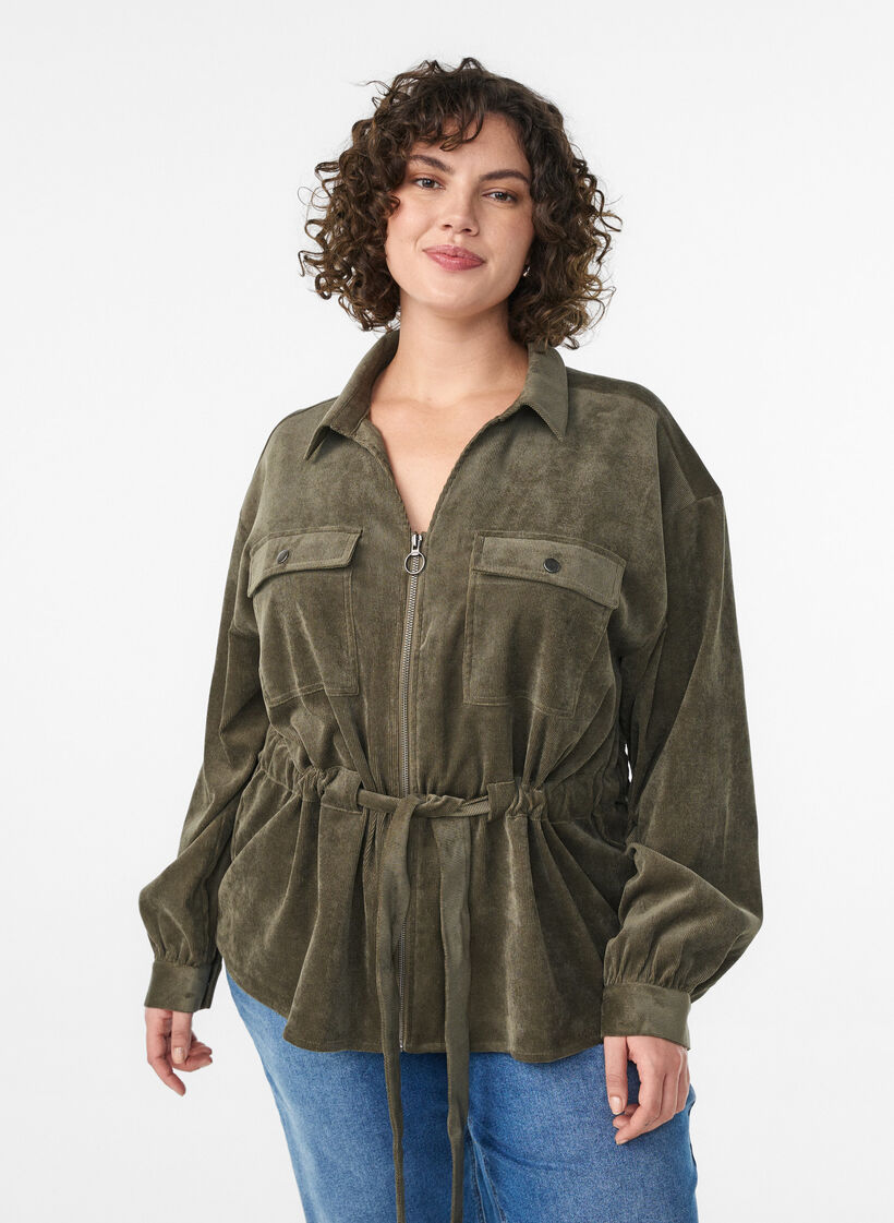 Cordfløyelshacket med knytebelte og lommer, Grønn, Model image number 0