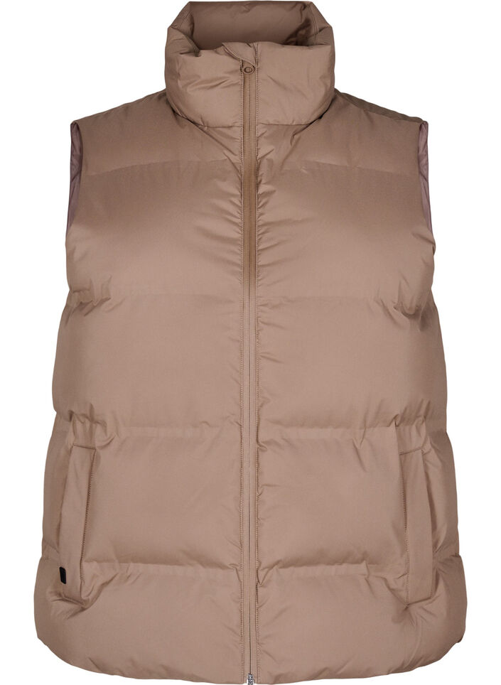 Kort puffvest med h&oslash;y krage, Brun, Packshot image number 0