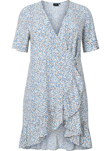 Prikket omslagskjole i viskose, Blue Dot AOP, Packshot image number 0