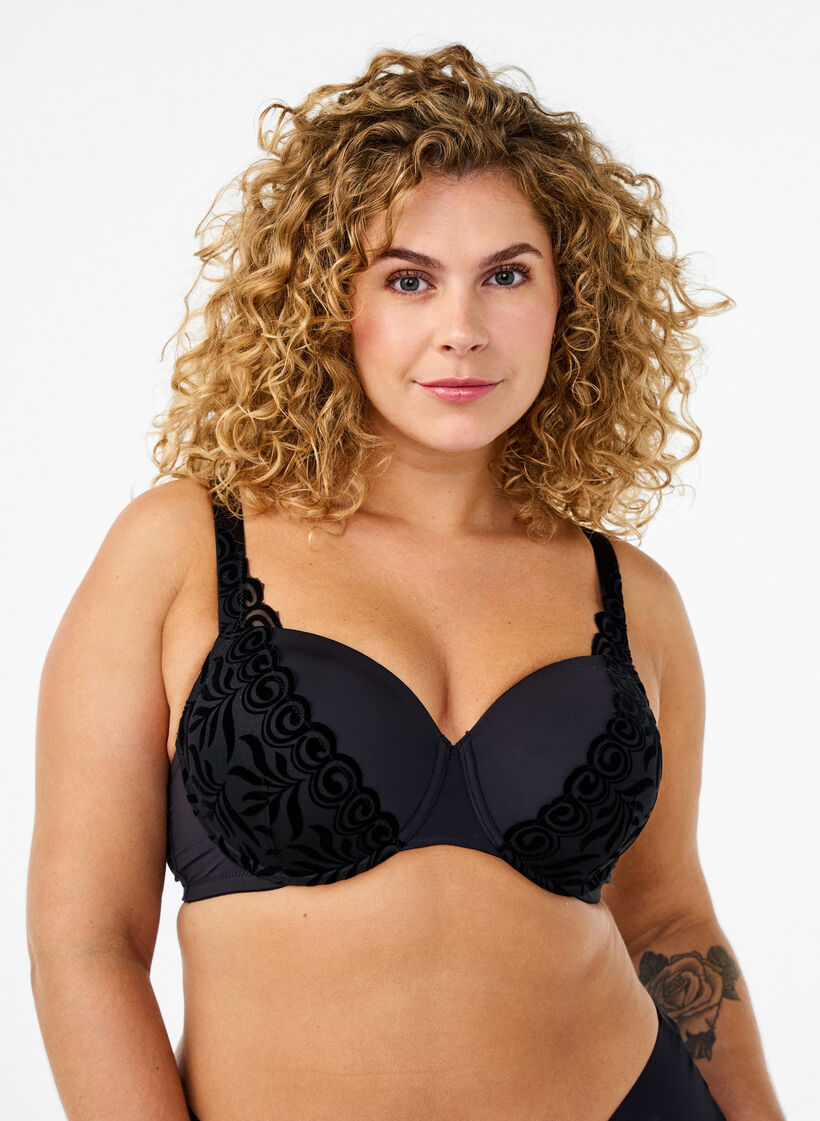 Formstøpt BH med fløyelsmønster, Svart, Model image number 0