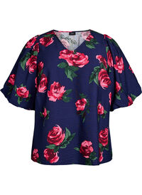 Bluse med rosetrykk og korte ballongermer, Blå Bluse med rosetrykk og korte ballongermer