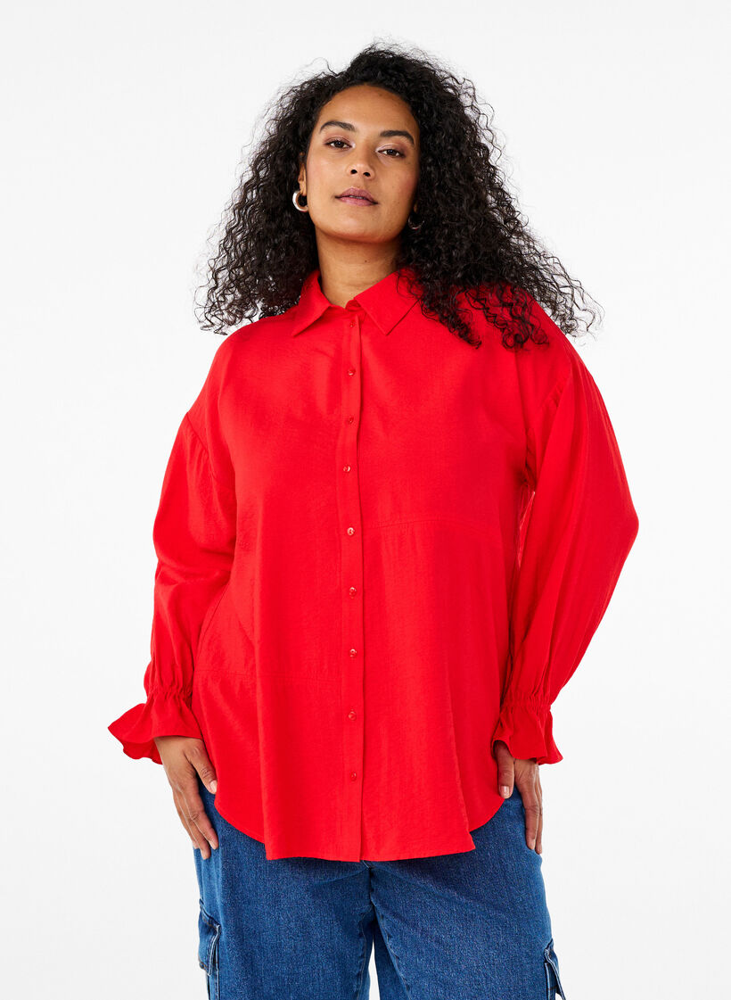 Skjorte med lange ermer og volangdetaljer, Rød, Model image number 0