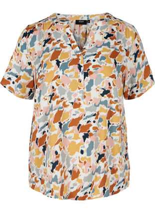 Bluse med korte ermer og V-hals, Multicolor AOP, Packshot image number 0